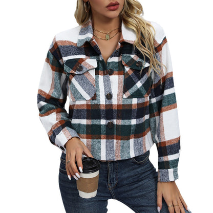 Autumn And Winter New Fashion Casual Pocket Plaid Women's Woolen Short Coat