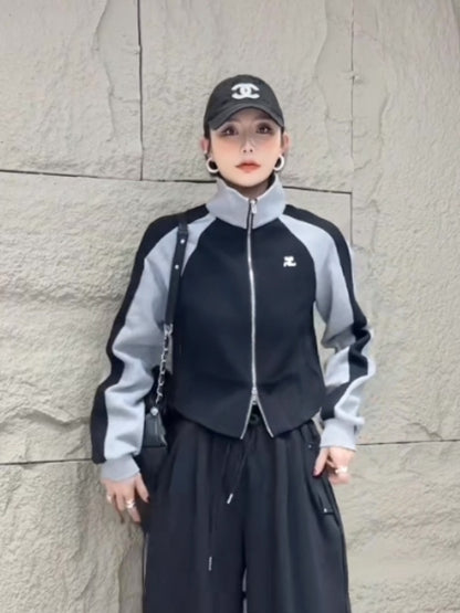 American Contrast Color Lapels Embroidered Pullover Sweatshirt