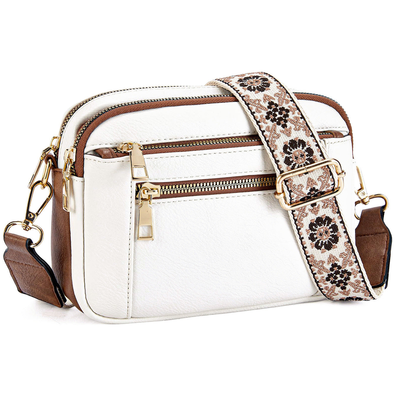 Triple-zipper Shoulder Bag With Floral Embroidered Straps Fashion Colorblock Multi-functional Crossbody Bags For Women