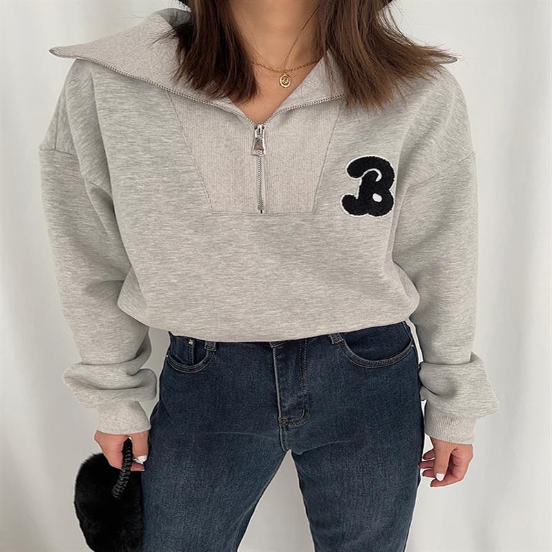 Women's Vintage Embroidered Letters Personalized Lapel Long Sleeve Sweatshirt