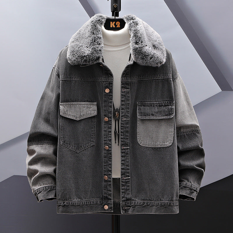 Casual Loose Fitting Denim Jacket With Fur Collar