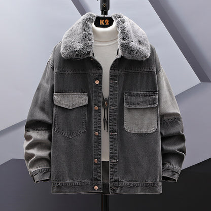 Casual Loose Fitting Denim Jacket With Fur Collar