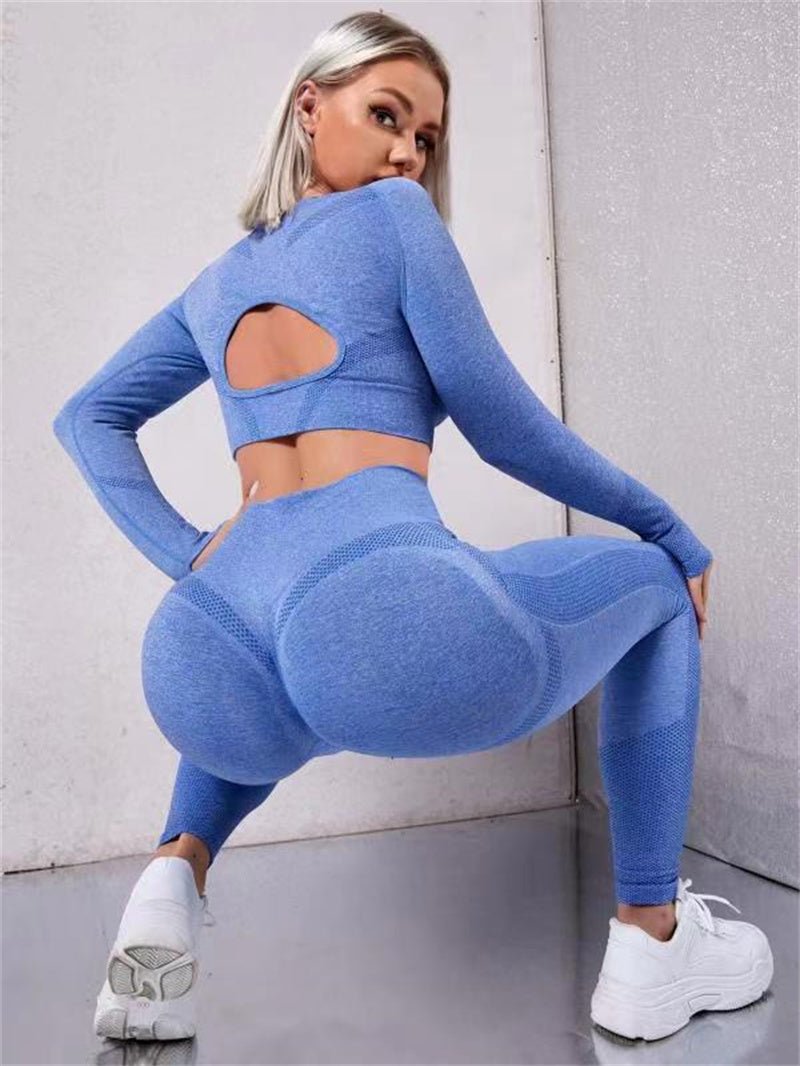 2pcs Sports Suits Long Sleeve Hollow Design Tops And Butt Lifting High Waist Seamless Fitness Leggings Sports Gym Sportswear Outfits Clothing - Babazayed