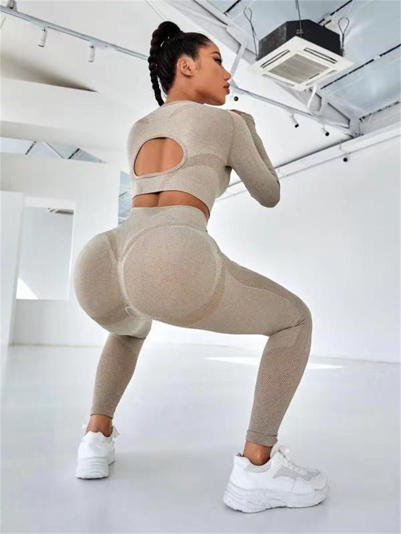 2pcs Sports Suits Long Sleeve Hollow Design Tops And Butt Lifting High Waist Seamless Fitness Leggings Sports Gym Sportswear Outfits Clothing - Babazayed