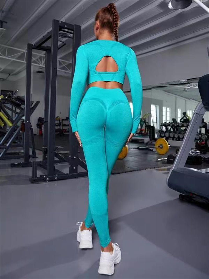 2pcs Sports Suits Long Sleeve Hollow Design Tops And Butt Lifting High Waist Seamless Fitness Leggings Sports Gym Sportswear Outfits Clothing - Babazayed