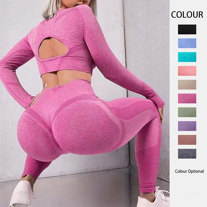 2pcs Sports Suits Long Sleeve Hollow Design Tops And Butt Lifting High Waist Seamless Fitness Leggings Sports Gym Sportswear Outfits Clothing - Babazayed