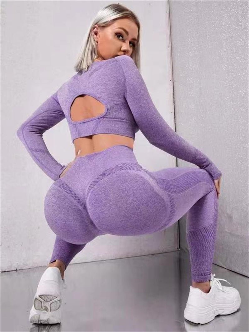 2pcs Sports Suits Long Sleeve Hollow Design Tops And Butt Lifting High Waist Seamless Fitness Leggings Sports Gym Sportswear Outfits Clothing - Babazayed
