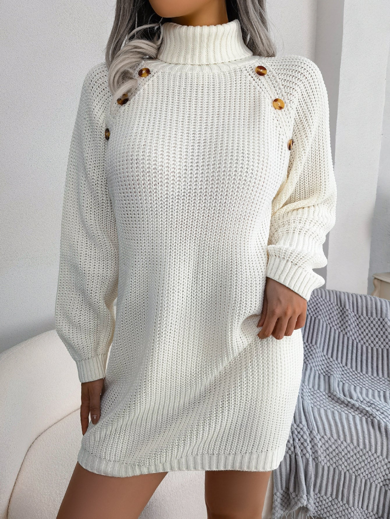 Casual Buttoned High Neck Long Sleeve Sweater Dress