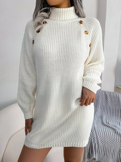 Casual Buttoned High Neck Long Sleeve Sweater Dress