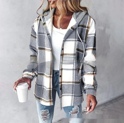 Plaid Hooded Jacket Fashion Casual Button Pocket Coat Autumn And Winter Women's Clothing