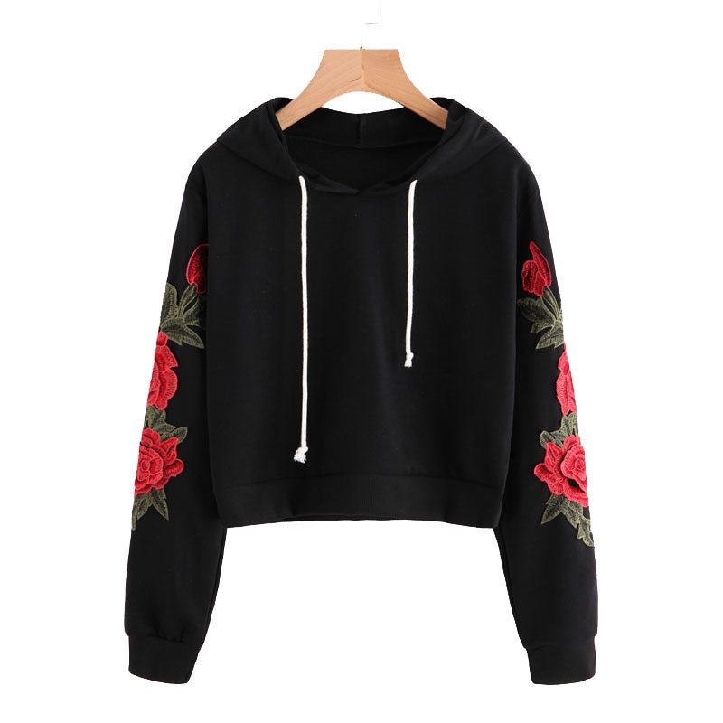 Embroidered Rose Applique Sleeve Hoodie Autumn Long Sleeve Casual Pullovers Women Black Sweatshirt