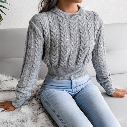 Cable Knit Waist Cinched Cropped Sweater