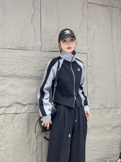 American Contrast Color Lapels Embroidered Pullover Sweatshirt