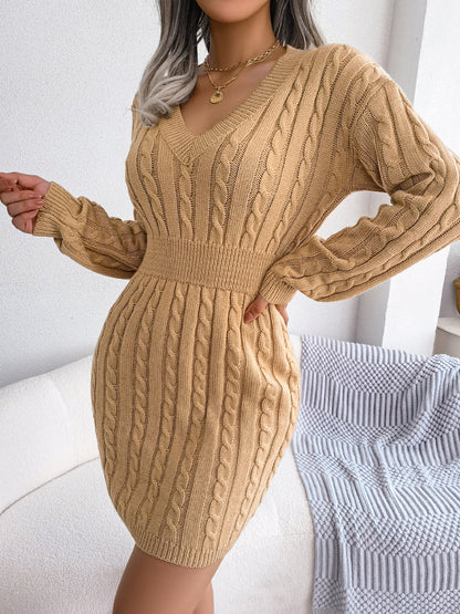 Fashion Cinched Waist Cable Knit Bodycon Sweater Dress