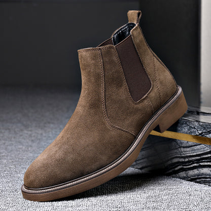 Men's Suede Leather Autumn And Winter New Fleece-lined Pointed Ankle Boots