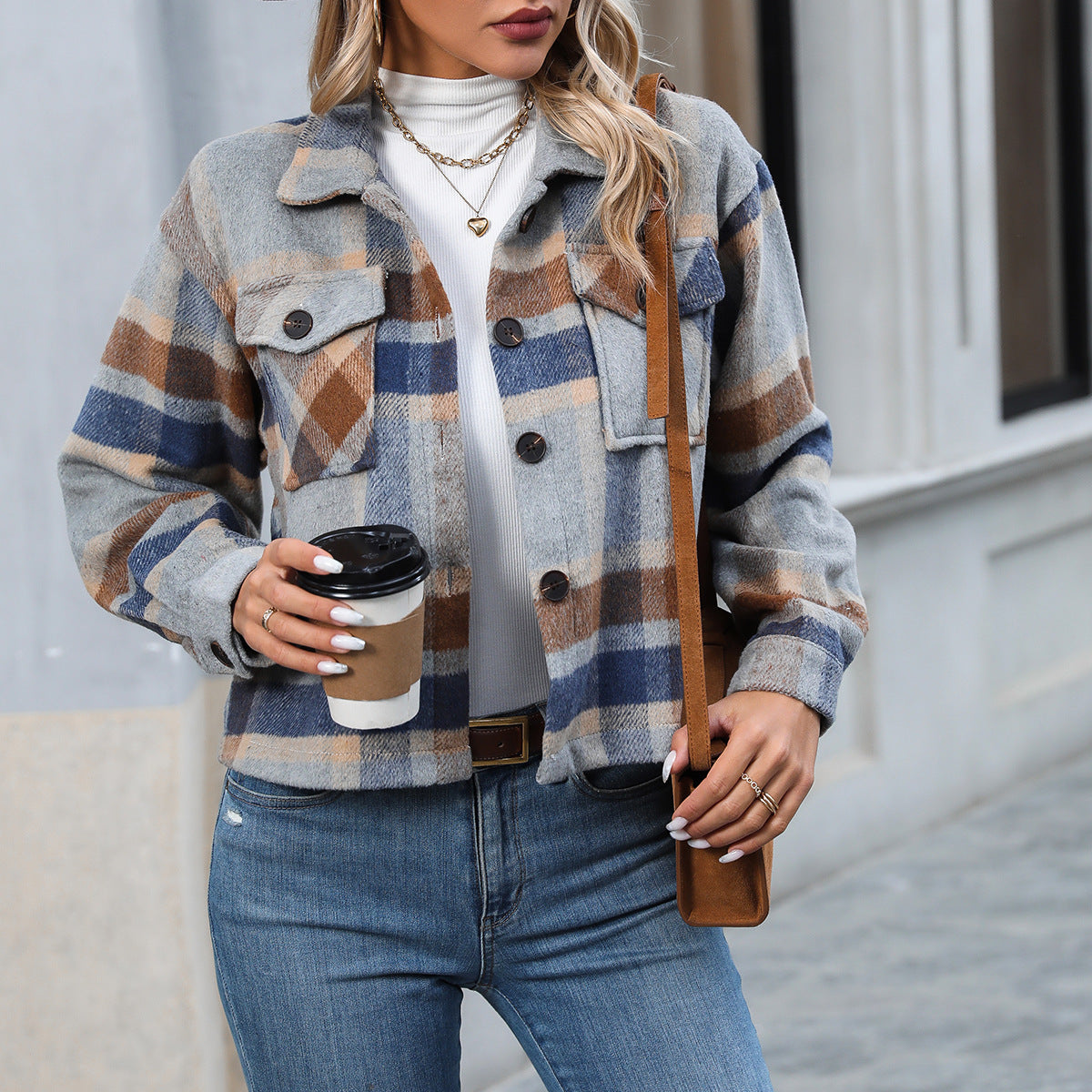 Autumn And Winter New Fashion Casual Pocket Plaid Women's Woolen Short Coat