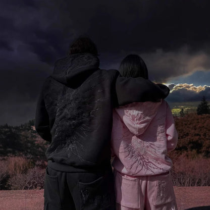 American-style Retro Washed Distressed Patch Hoodie