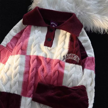 Men's Contrast-Colored Turn-Down Collar Cable-Knit Sweater