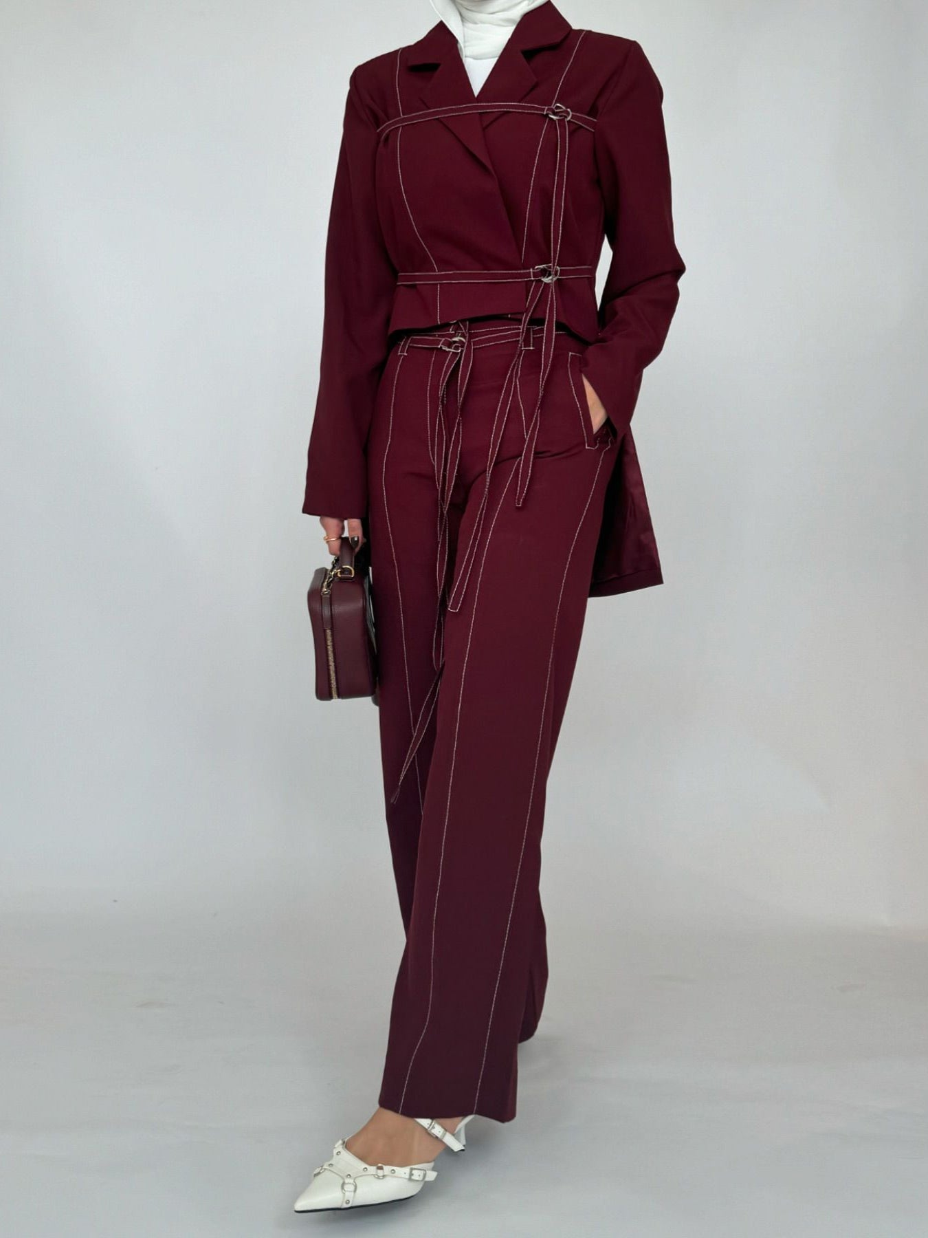 Burgundy Lace-up Top & High-waisted Pants Set