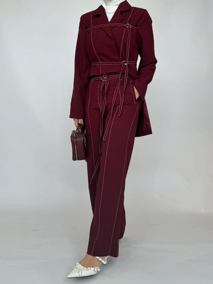 Burgundy Lace-up Top & High-waisted Pants Set
