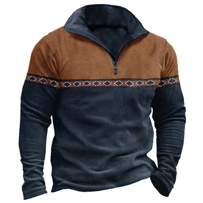 Retro Patchwork Polo Shirt Zipper Sweater Daily Outdoor Casual Top