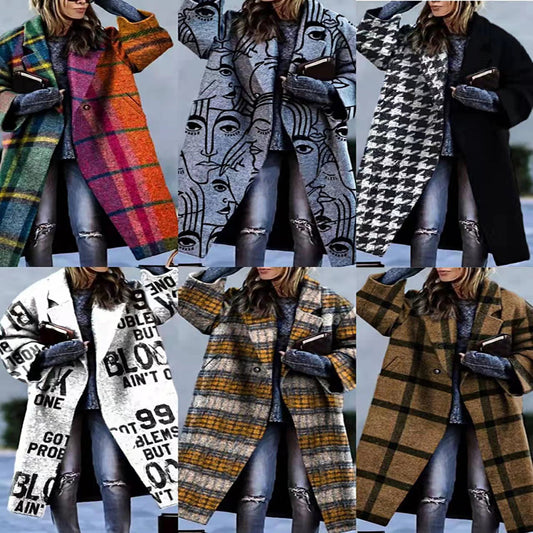 Women's Color Matching Plaid Long-sleeved Coat