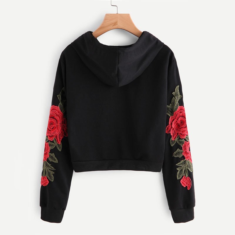 Embroidered Rose Applique Sleeve Hoodie Autumn Long Sleeve Casual Pullovers Women Black Sweatshirt