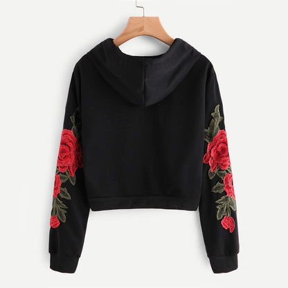 Embroidered Rose Applique Sleeve Hoodie Autumn Long Sleeve Casual Pullovers Women Black Sweatshirt