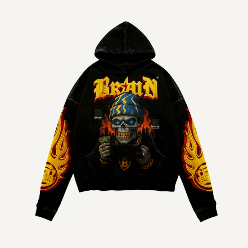 Mens Retro Skull-Print Loose-Fit Hoodie