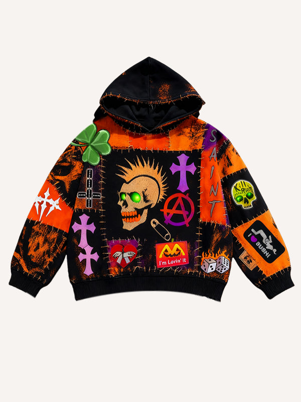 Vintage Print Loose-fitting Hoodie Sweater