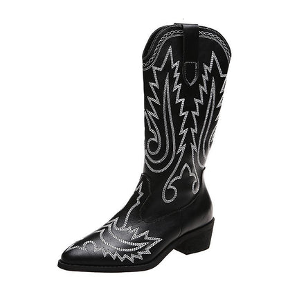 Women's Low Heel Sleeve Western Embroidered Round Toe Boots