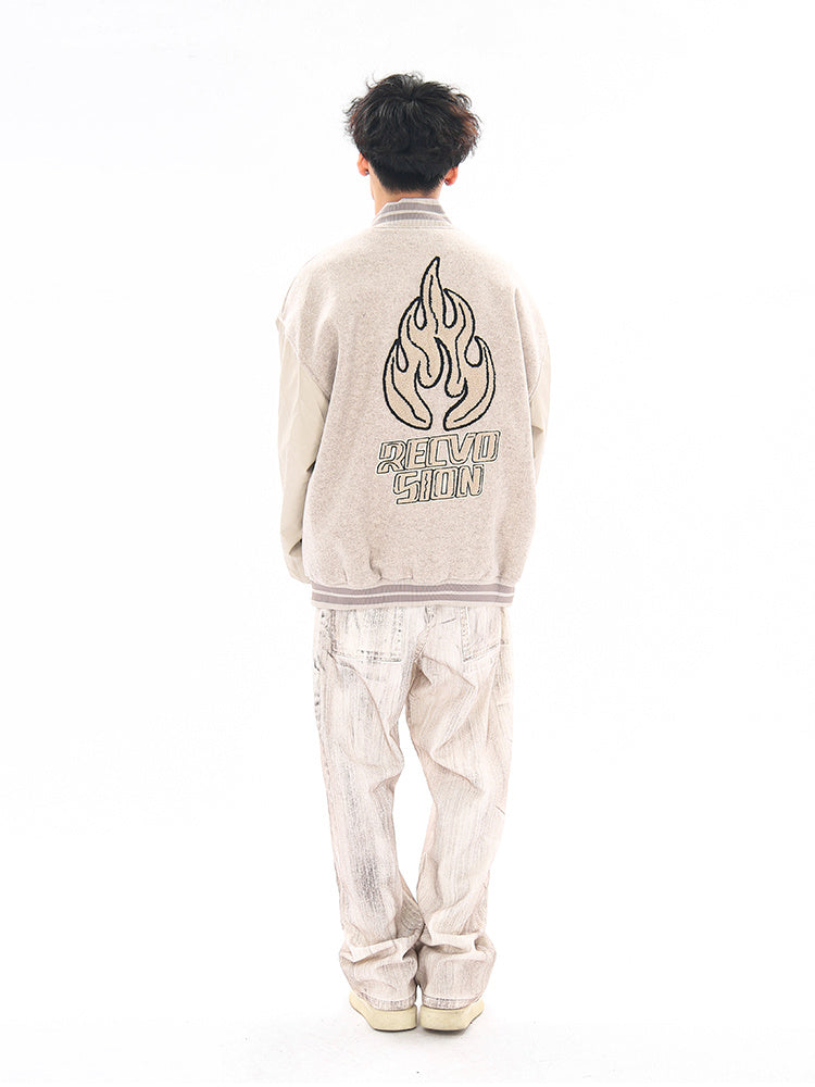 Vintage Flame Embroidered Jacket Jacket Baseball Uniform