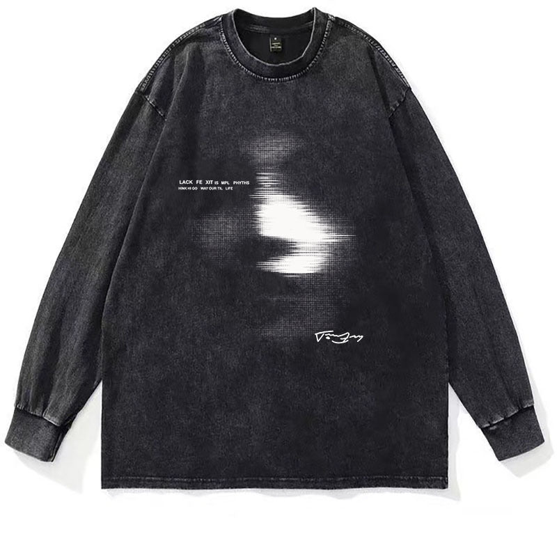 American Style Distressed 230g Heavy Cotton Round Neck Long Sleeves T-shirt