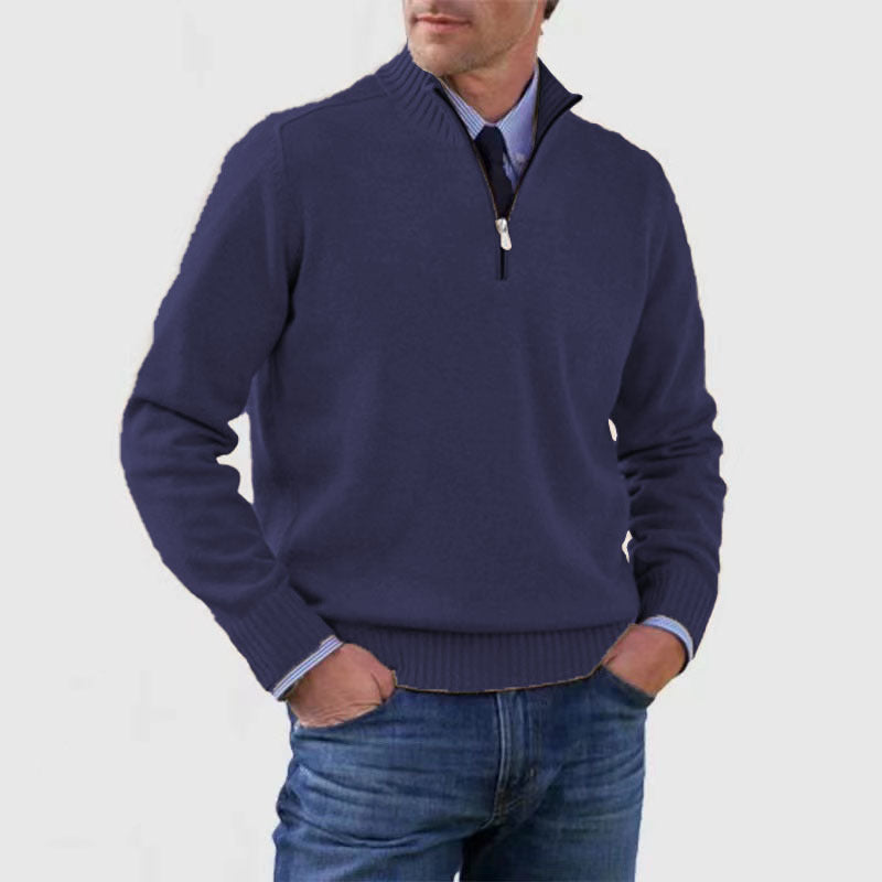 Men's Stand Collar Zipper Sweater Winter Fashion Solid Color Long Sleeve Knitted Top Clothing