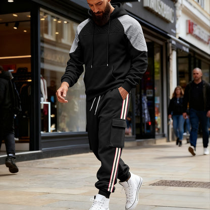 Loose Color-block Textured Hoodie And Sweatpants Casual Set