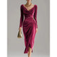 Long Sleeve Pleated Long Slit Velvet Sheath Dress