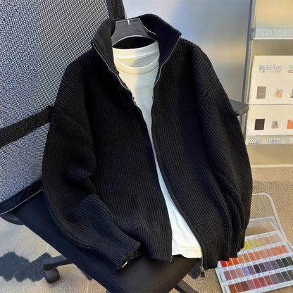 Mens Hip-Hop Retro Zip-Up Knitted Cardigan Warm Sweater