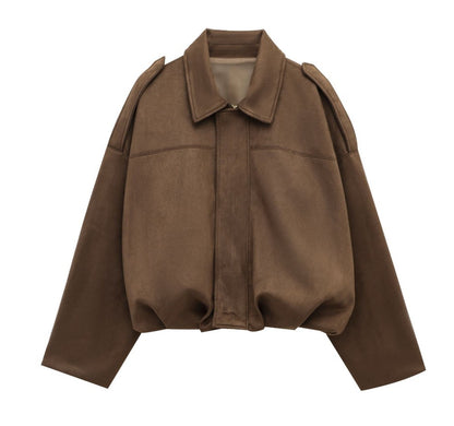 Women's Batwing Sleeve Lapel Suede Texture Effect Pilot Jacket
