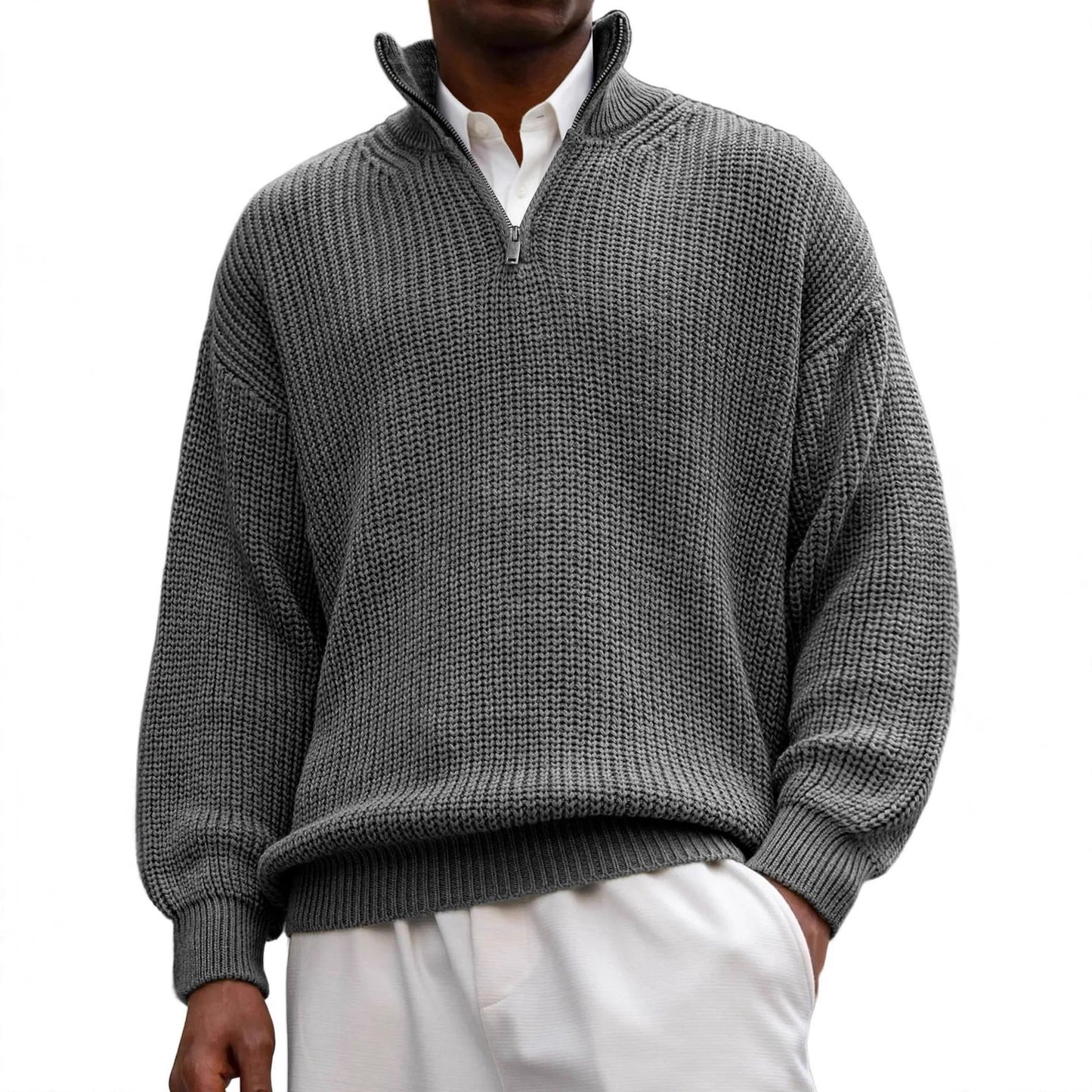 Fashion Men's Sweater Casual Long Sleeve Half Zipped Stand Collar Polo Shirt