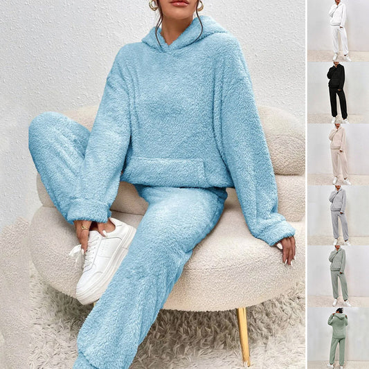 Winter Plush Pajama Set Fashion Casual Hooded Top And Elastic Band Pants Warm Sofa Carpet Home Clothes Women's Trousers Set Clothing
