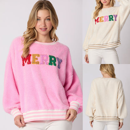 Letter Rhinestone Long Sleeve Pullover Hoodie Round Neck