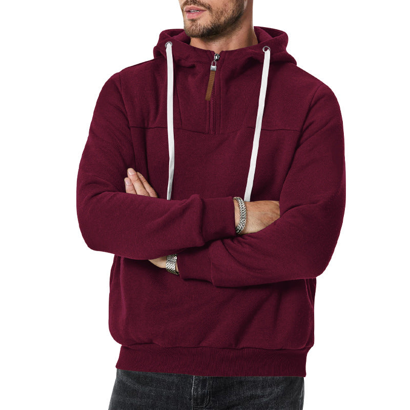 New Men's Heavy Fleece-lined Half-zip Sporty Casual Hooded Sweatshirt