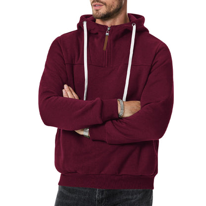 New Men's Heavy Fleece-lined Half-zip Sporty Casual Hooded Sweatshirt