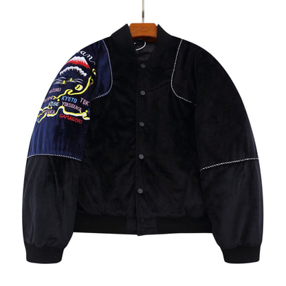 Embroidered Velvet Baseball Jacket Cotton Coat
