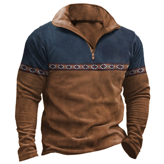 Retro Patchwork Polo Shirt Zipper Sweater Daily Outdoor Casual Top