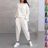Women's Irregular Suit Long-sleeved Round Neck Top And Loose Harem Pants With Pockets Ins Fashion Trousers Set Women's Clothing