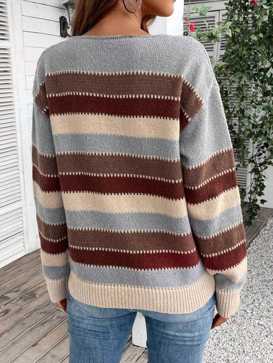 Ins Colorblock Striped Pullover Sweater Fashion Casual Long Sleeve Top Autumn And Winter Women's Clothing