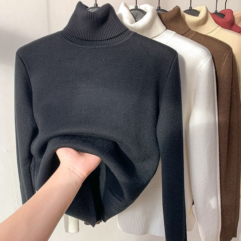 Fleece Turtle Neck Sweater Winter Warm Elegant Thick Knitted Pullover Tops Women's Clothing