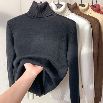 Fleece Turtle Neck Sweater Winter Warm Elegant Thick Knitted Pullover Tops Women's Clothing