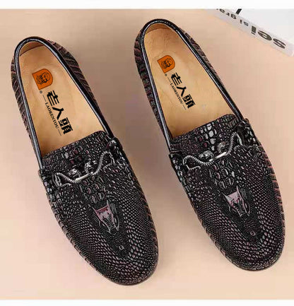Slip-on Snake Pattern Embossed Leather Flat Driving Casual Leather Shoes
